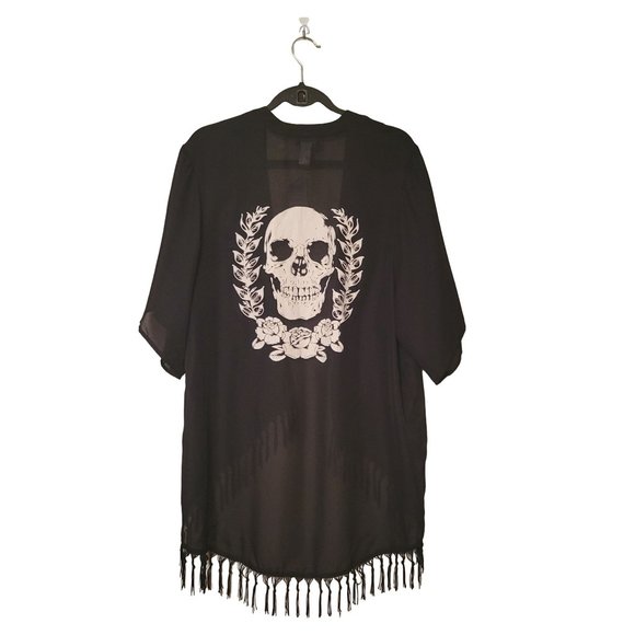 Hot Topic Womens Top Black & White L  Skull Fringe Kimono Open Front New - Picture 6 of 8